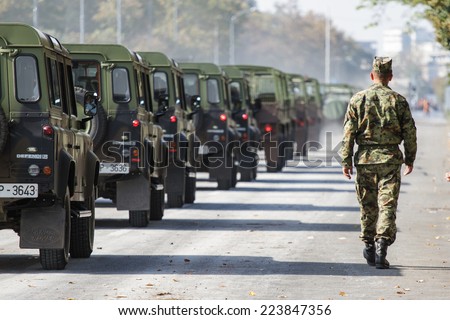 Belgrade, Serbia - October 12, 2014:  Serbian army special force vehicles on street of Belgrade, preparations for a military parade in Belgrade on October 12, 2014 in Belgrade, Serbia.
