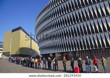 BILBAO, SPAIN - MAY 28 2015: People queueing for a ticket at San Mames football stadium