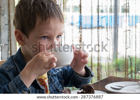 Boy in the cafe eating a delicious cake with nuts and chocolate