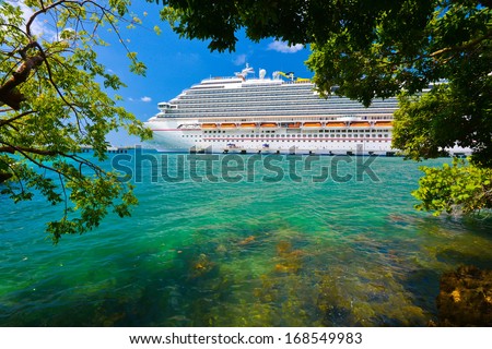 Tree And Cruise Ship With Sun Shinning In Background.