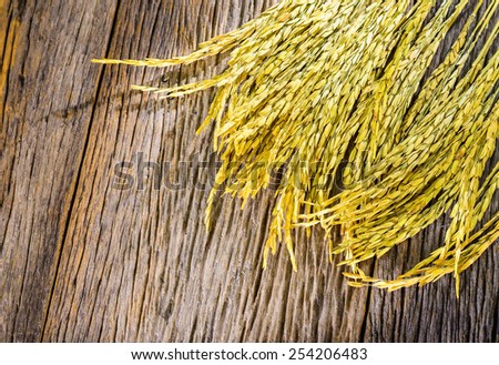 close-up of rice straw and rice grain on old wood