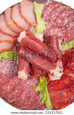 Plate with different meat delicacies isolated on white background. Shallow depth of field