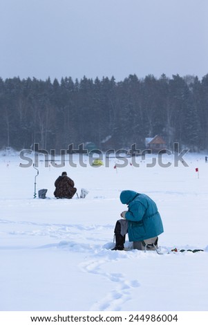 Fishers on the snow-covered field near the forest.