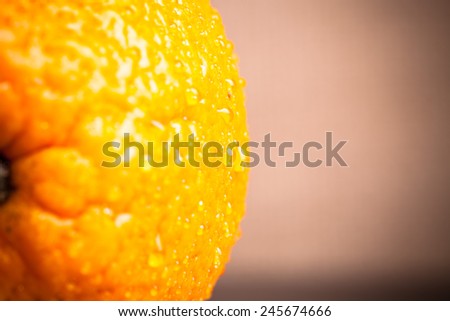 Orange with water drops on the skin close-up on a light background. Shallow depth of field. Toned.