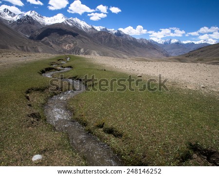 Tajikistan. Mountain stream flowing down from the barren peaks of the Pamirs.
