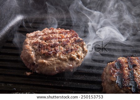 Fresh meat cutlets in a frying pan grill.