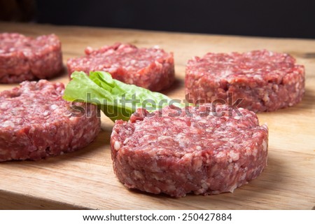 Raw cutlet of minced meat on a wooden cutting board.