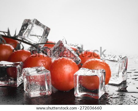 Branch of red cherry tomatoes and ice cubes on white background. Selective focus.