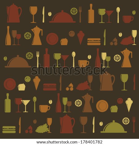 Vector background with with dishes and food. Good for cafe
