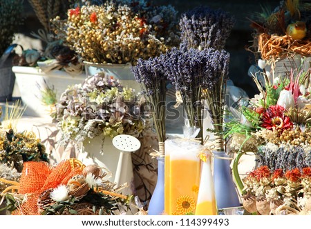 Big variation of herbs, vegetables, dried handmade flower bouquets, wreaths, spices, aromatic pillows