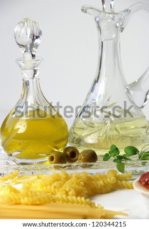 Pasta ingredients, olive oil and spices