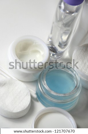 Skincare set, pads, creams, lotion and make-up remover