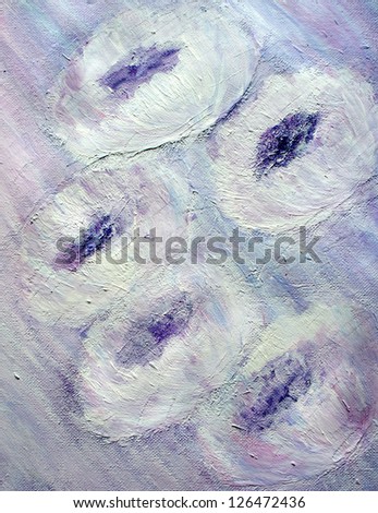 Beautiful oil painting of white and violet flowers;