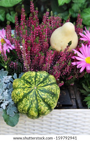 Fall terrace decorations with pumpkin, lot of flowers and other decor objects