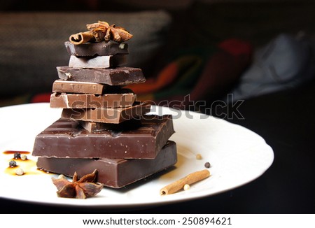 Pieces of chocolate with cinnamon and anise