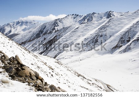 a road among the mountain and snow to nubra valley, Leh, India
