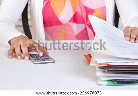 Professional in office looking over files and calculating accounts