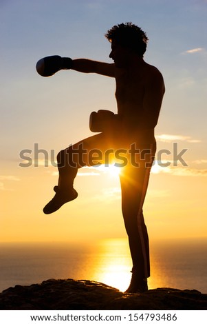 Silhouette of the boxer on background sunrise