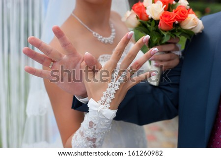Bridegroom and wedding ring on finger of the bride