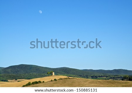 Typical rounded hills in Maremma, Tuscany, Italy, a landscape whit a trees and rural tower