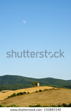 Typical rounded hills in Maremma, Tuscany, Italy, a landscape whit a trees and rural tower