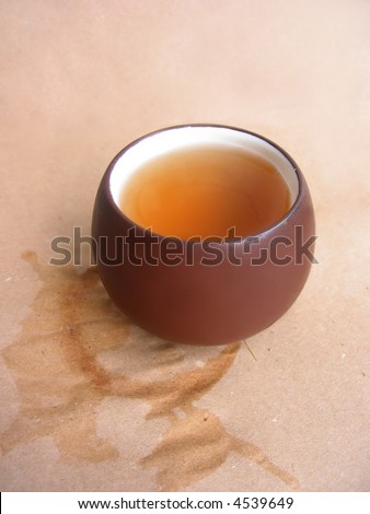 ?up of tea with drink stain on brown background