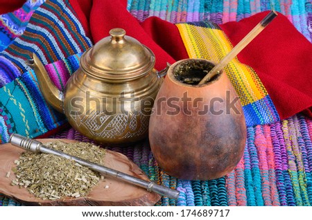 Cup from calabash and teapot with dry mate leaves.Traditional drink of Peru, Brazil and Argentina.