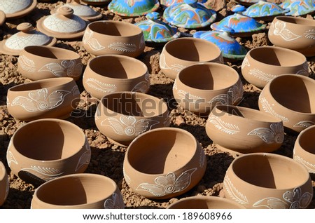 Handmade traditional moroccan clay pottery in a shop in Marrakesh