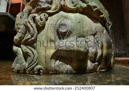 Gorgon Medusa head in underground Basilica Cistern the largest ancient water reservoirs, Istanbul, Turkey