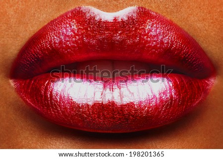 Sexy Lips. Beauty Red Lip Makeup Detail. Beautiful Make-up Closeup. Sensual Open Mouth. lipstick or Lipgloss. Kiss. Beauty Model Woman's Face close-up