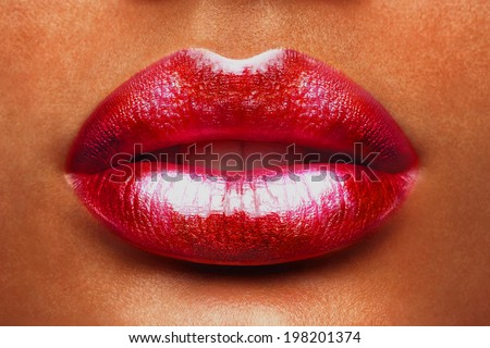 Sexy Lips. Beauty Red Lip Makeup Detail. Beautiful Make-up Closeup. Sensual Open Mouth. lipstick or Lipgloss. Kiss. Beauty Model Woman\'s Face close-up