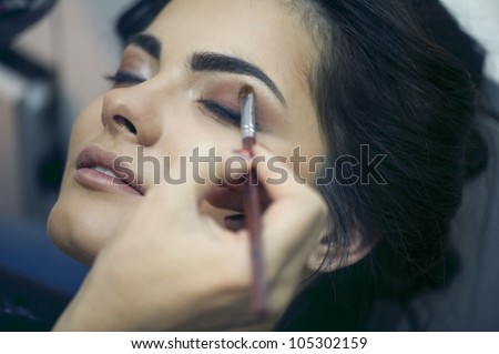 elegant woman applying makeup by makeup artist