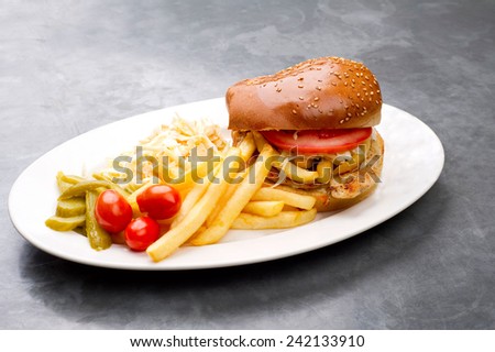chicken burger plate with french fries and salad