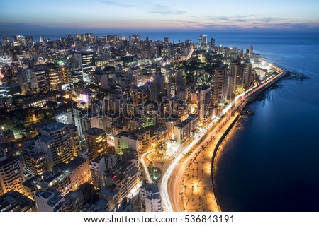 Aerial night shot of Beirut Lebanon , City of Beirut, Beirut city scape