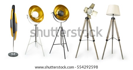 Set of Tripod Light projector isolated on white with clipping path included, Decorative light projectors isolated