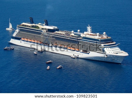 The cruise ship anchored in the Mediterranean
