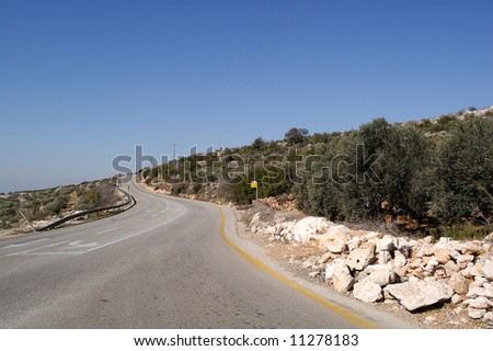 Road to mountains and plantations of olive trees. The north of Israel.