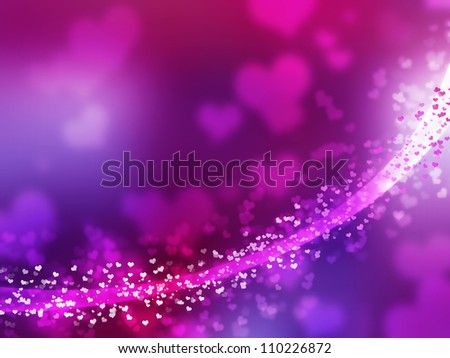 Blurred purple sparkles and glowing central line. Boken effect. Beautiful forms. Heart shapes.