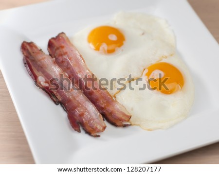 Eggs and bacon on a plate (breakfast)