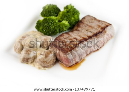 Grilled steak with mushroom sauce and broccoli on the side, isolated on white background