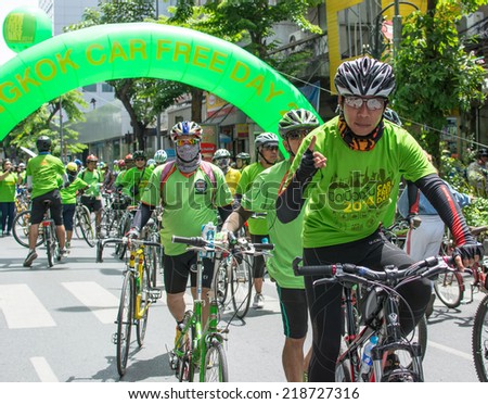 Bangkok - September 21: unidentified group participated to cyclist took part in the activity Car Free Day campaign at Silom Road on September 21, 2014 in Bangkok, Thailand.