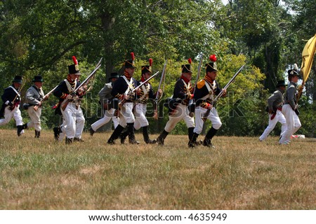 American soldiers charging in a War of 1812 battle re-enactment at Ft. Erie, Ontario, Canada
