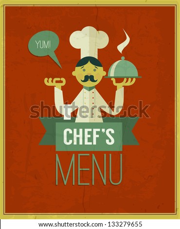Vintage menu. Retro design template. Vector chef\'s menu illustration. Cartoon chef with dish on red grungy background. Menu cover design template. Yum!