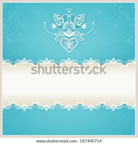 Blue wedding invitation design template with doves, hearts, flowers and geometrical lace ornament. Wedding card with text.