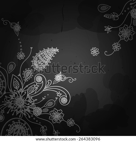 Indian pattern on blackboard background. Vector ethnic design. Floral doodle pattern. Black and white vector background. Tribal pattern design. Hand drawn linear flowers. Can be used for banner, card