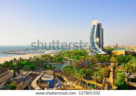 DUBAI-JUNE 20 View of Jumeirah Beach on June 20 2012 in Dubai Jumeirah Beach is a hotel in Dubai United Arab Emirates which contains 598 rooms waterpark 19 beachfront villas and 20 restaurants DUBAI-JUNE 20 View of Jumeirah Beach on June 20 2012 in Dubai Jumeirah Beach is a hotel in Dubai United Arab Emirates which contains 598 rooms waterpark 19 beachfront villas and 20 restaurants