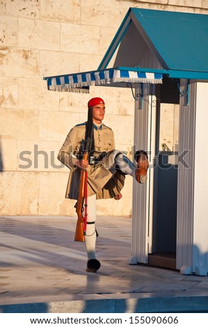 ATHENS-AUGUST 4: Evzone guards the Tomb of the Unknown Soldier on August 4, 2013 in Athens, Greece. The Evzones is the name of  elite light infantry and mountain units of the Greek Army.