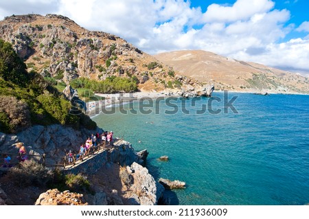 CRETE,GREECE-JULY 23:Narrow path to the Preveli Beach on July 23,2014 on Crete, Greece. The beach of Preveli is situated 40 km south of the main town and is the most idyllic beach in Crete.