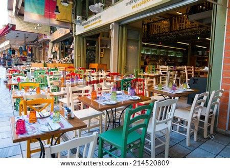 CRETE,HERAKLION-JULY 21: Colorful cafe on July 21,2014 in Heraklion city on the Island of Crete , Greece.
