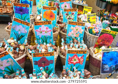 AMSTERDAM-APRIL 28: Local shop inside a row of floating barges offers bulbs on the Amsterdam Flower Market on April 28,2015.The Flower market is one of Amsterdam most colourful attractions.